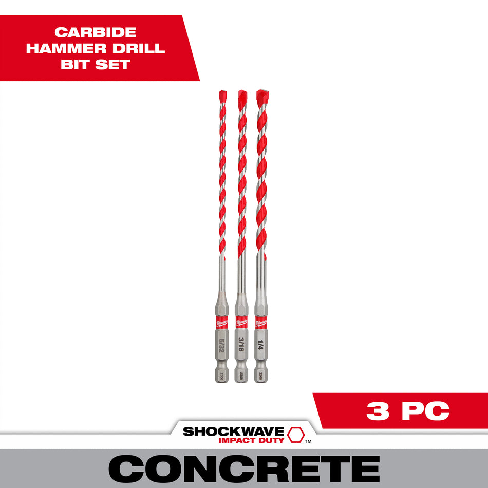 Milwaukee 48-20-9050, 3pc. SHOCKWAVE Carbide Hammer Drill Bit Kit