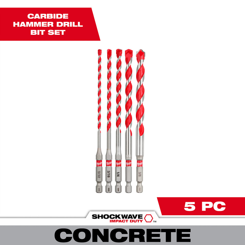 Milwaukee 48-20-9051, 5pc. SHOCKWAVE Carbide Hammer Drill Bit Kit