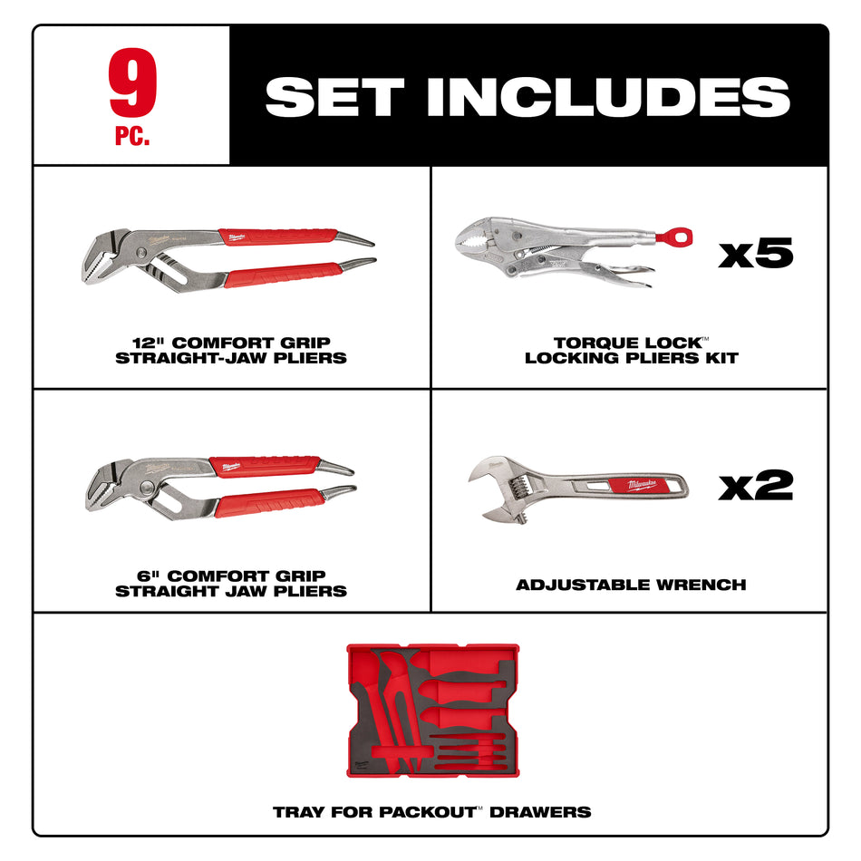 Milwaukee 48-22-0160, 9pc. Pliers & Wrench Set with Tray for PACKOUT™ Drawers
