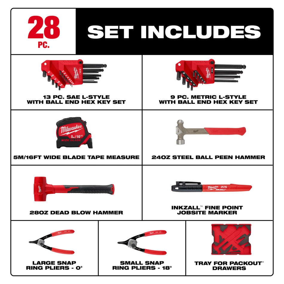Milwaukee 48-22-0161, 28pc. Hex Key & Hammer Set with Tray for PACKOUT™ Drawers