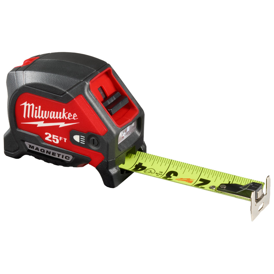 Milwaukee 48-22-0428, 25ft Compact Wide Blade Magnetic Tape Measure w/ Rechargeable 100L Light