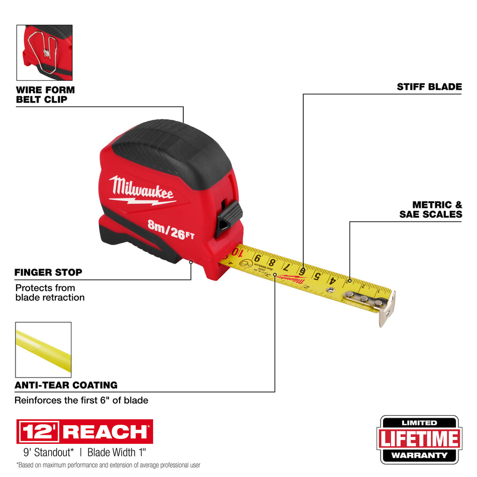 Milwaukee 48-22-1726, 8m/26ft Compact Tape Measure