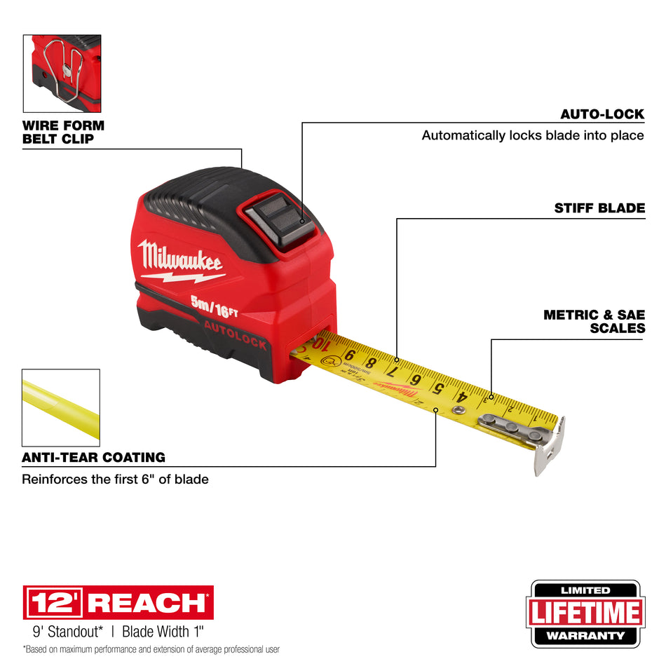 Milwaukee 48-22-1817, 5m/16ft Auto-Lock Tape Measure