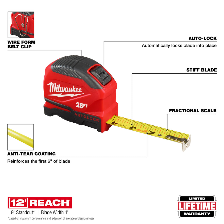Milwaukee 48-22-1825, 25ft Auto-Lock Tape Measure