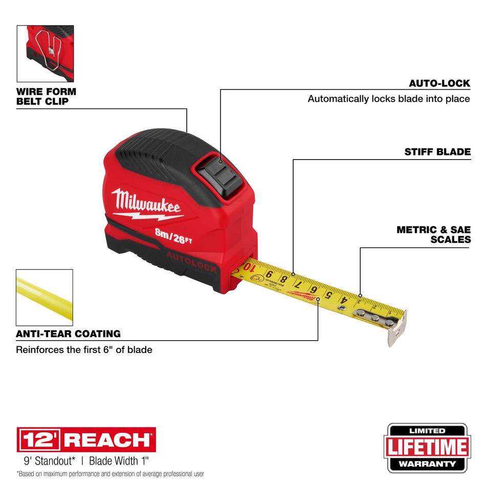 Milwaukee 48-22-1826, 8m/26ft Auto-Lock Tape Measure
