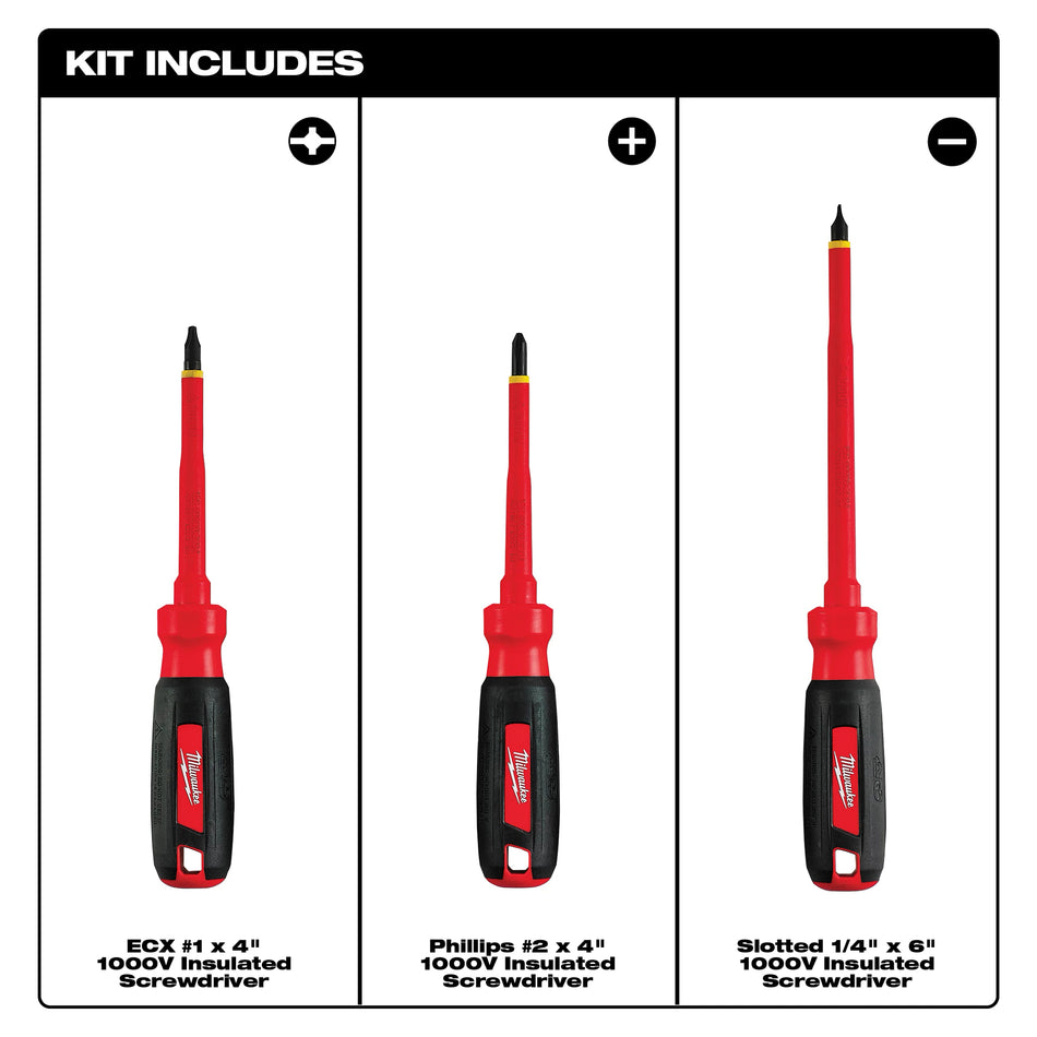 Milwaukee 48-22-2202, 3 pc 1000V Insulated Screwdriver Set