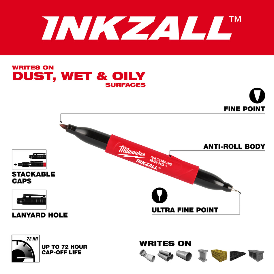 Milwaukee 48-22-3115, INKZALL Double Sided Black Jobsite Marker - Ultra Fine and Fine Point
