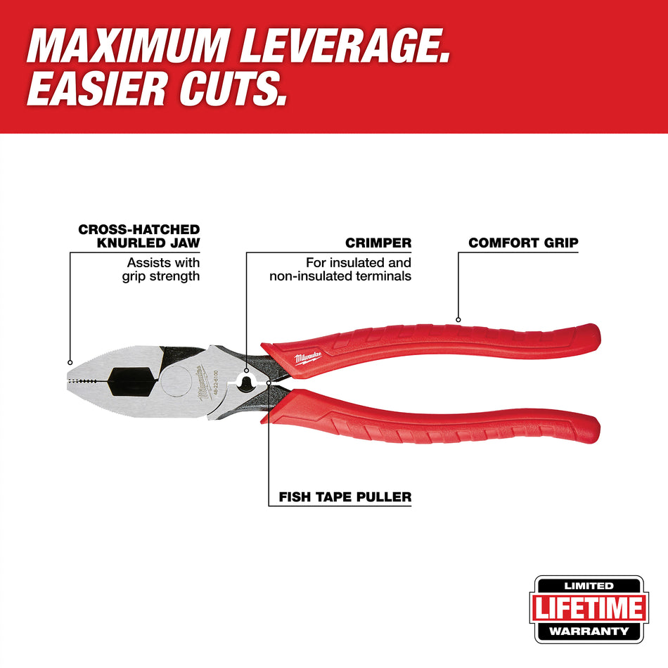 Milwaukee 48-22-6100, 9" High Leverage Lineman's Pliers w/ Crimper