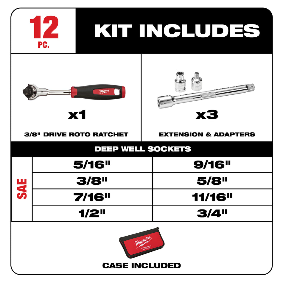 Milwaukee 48-22-9000, 12pc 3/8" Drive SAE Socket Set