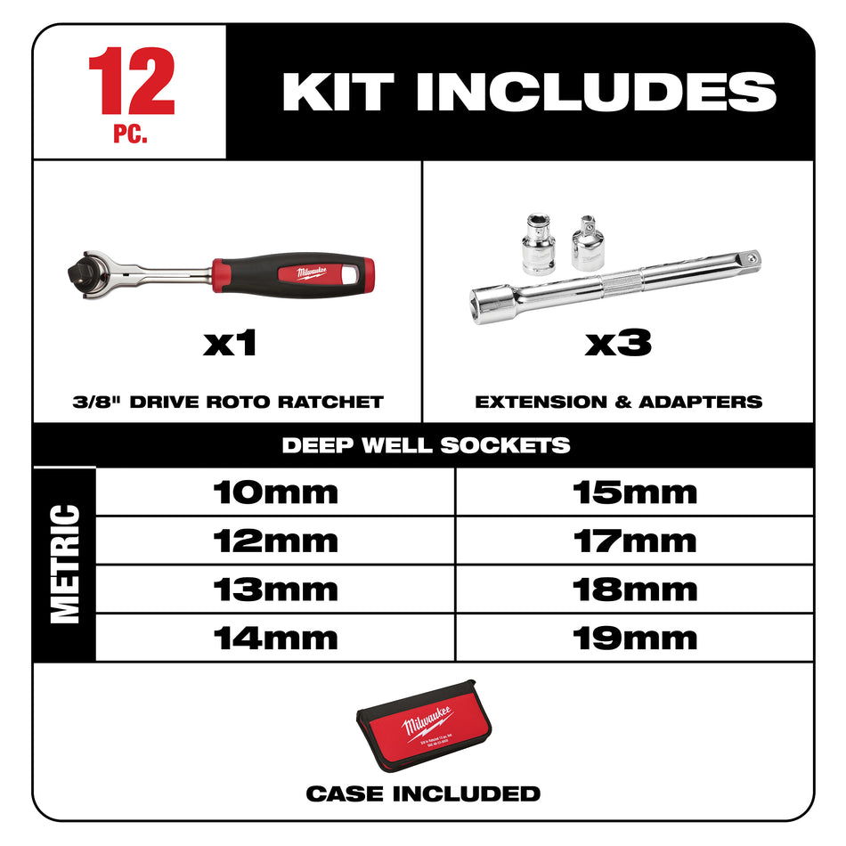 Milwaukee 48-22-9001, 12pc 3/8" Drive Metric Socket Set