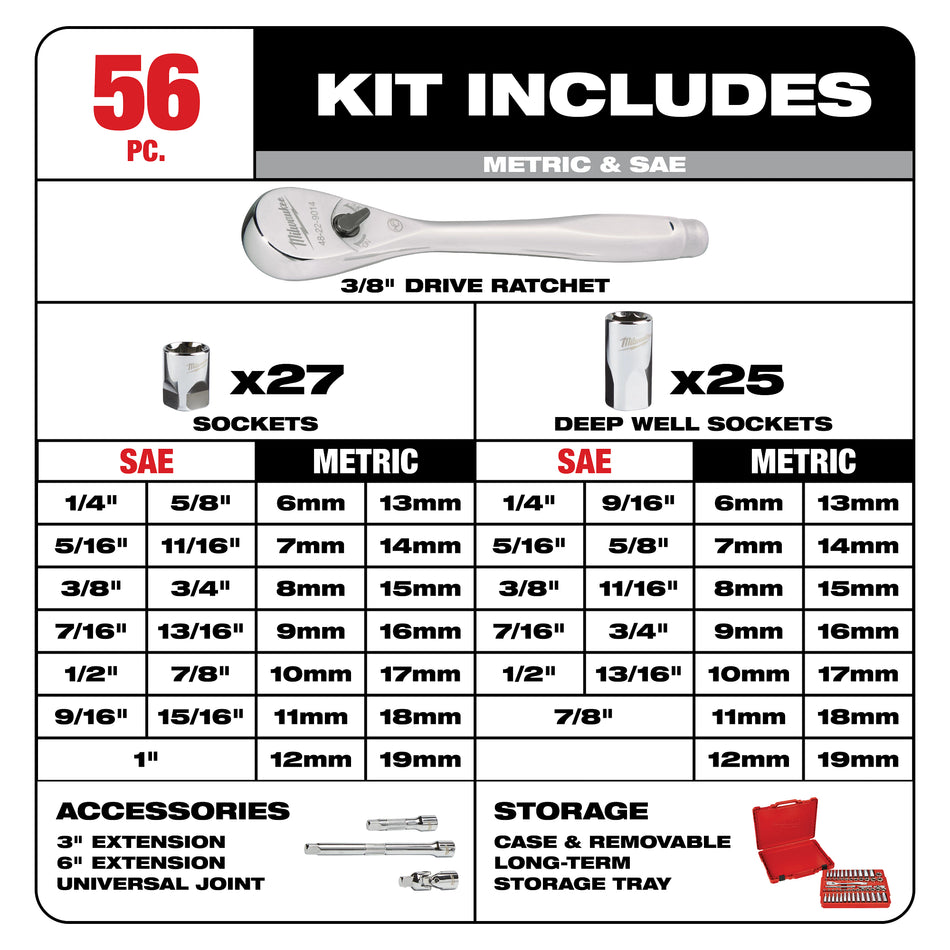 Milwaukee 48-22-9008, 3/8" Drive 56 pc Ratchet & Socket Set (SAE & Metric)