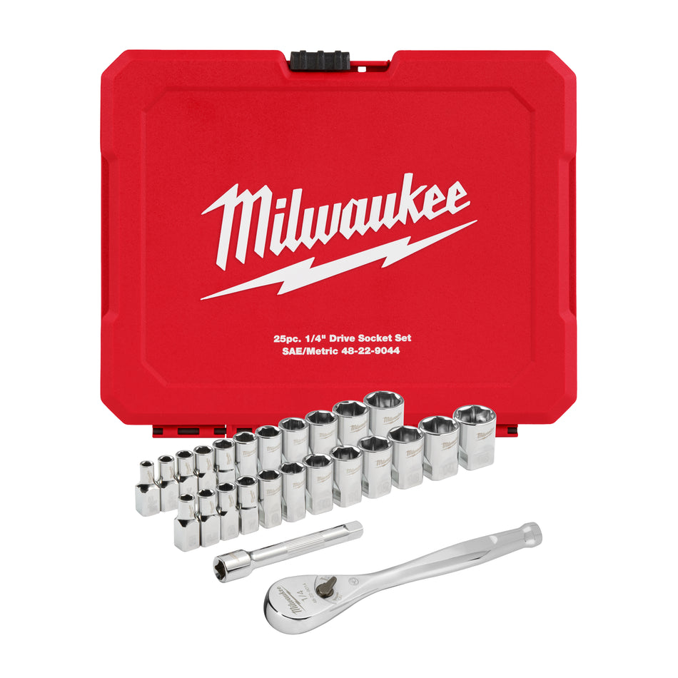 Milwaukee 48-22-9044, 25pc 1/4" Drive Metric & SAE Ratchet and Socket Set with FOUR FLAT™ SIDES