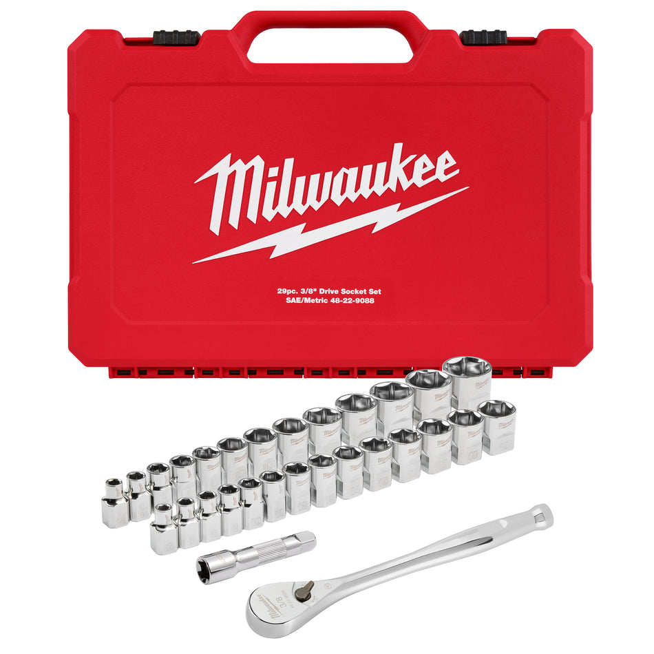 Milwaukee 48-22-9088, 29pc 3/8" Drive Metric & SAE Ratchet and Socket Set with FOUR FLAT™ SIDES