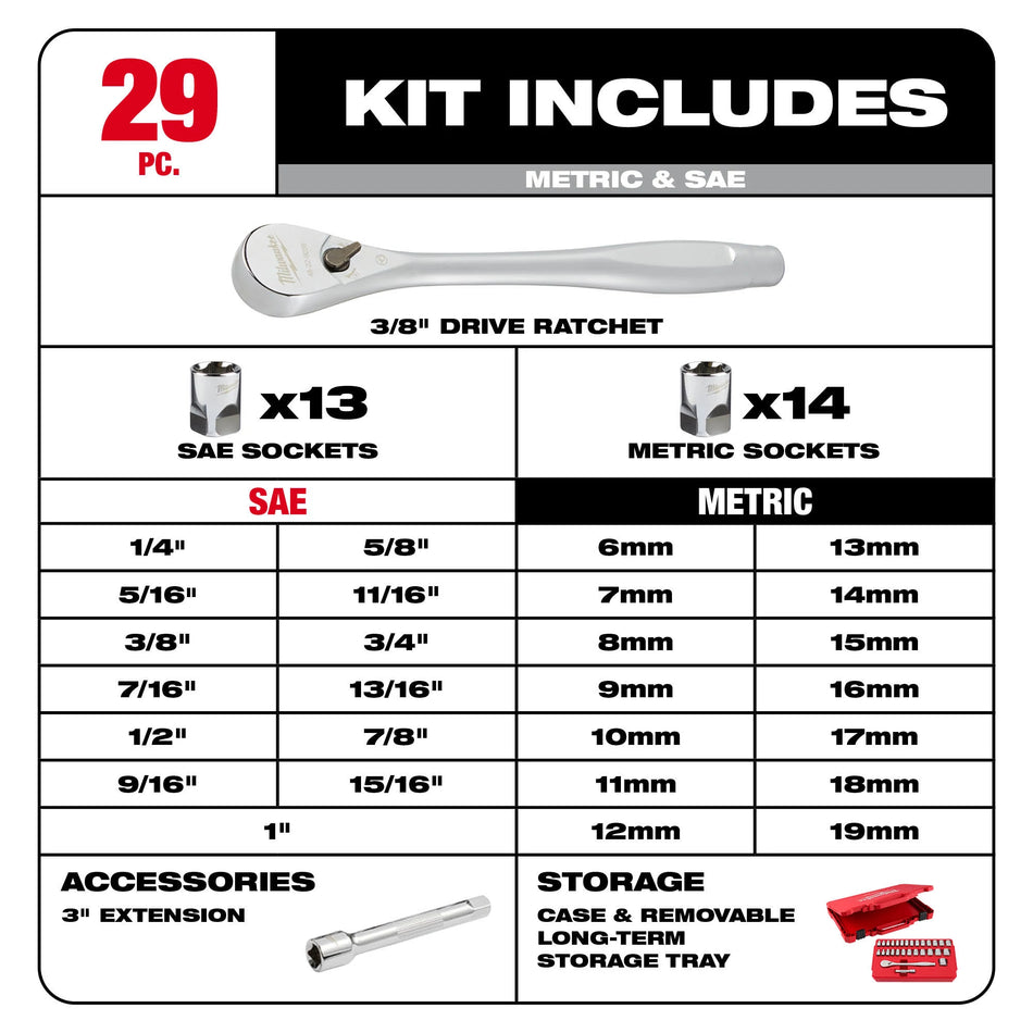Milwaukee 48-22-9088, 29pc 3/8" Drive Metric & SAE Ratchet and Socket Set with FOUR FLAT™ SIDES