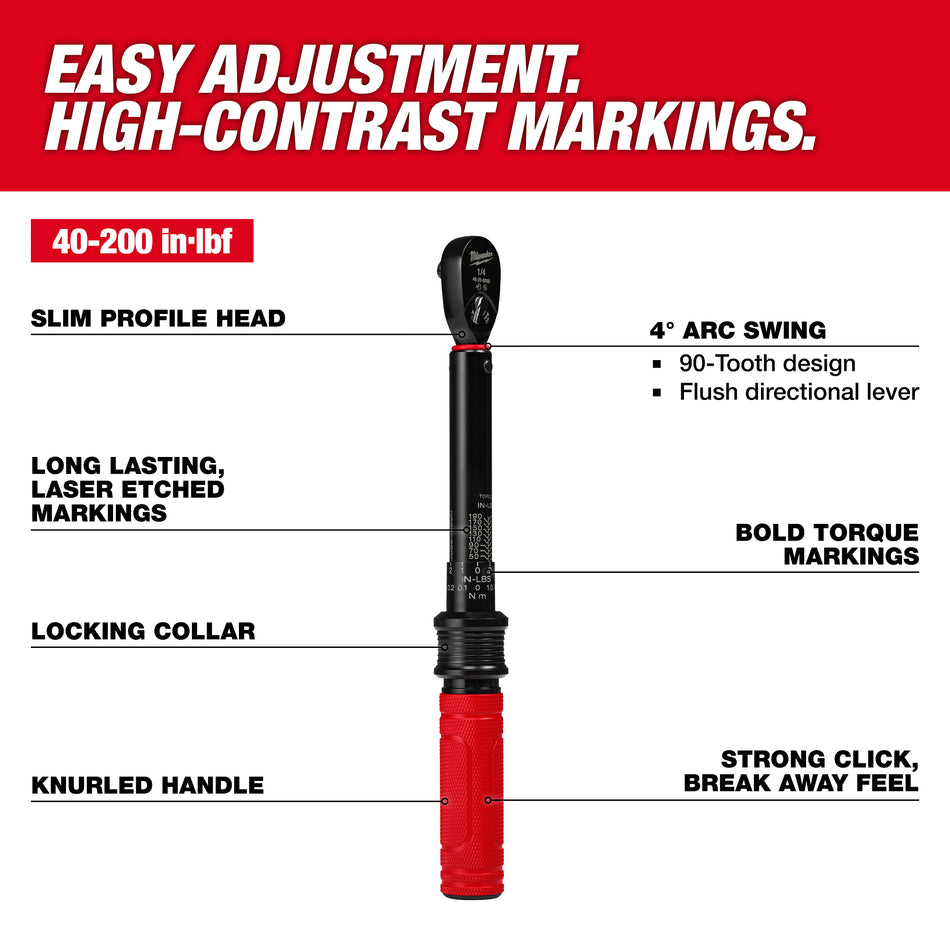 Milwaukee 48-22-9200, 1/4” Drive Click Torque Wrench (40-200 in·lbf)