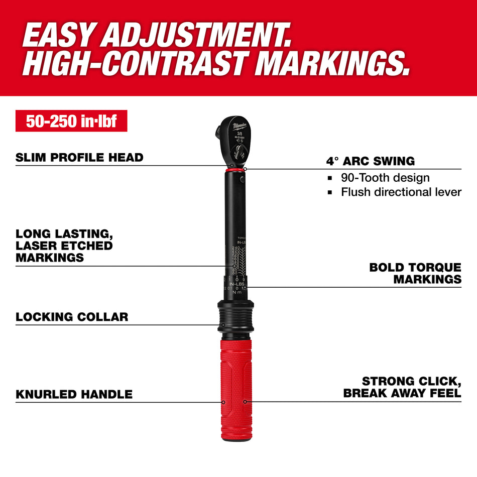 Milwaukee 48-22-9201, 3/8” Drive Click Torque Wrench (50-250 in·lbf)