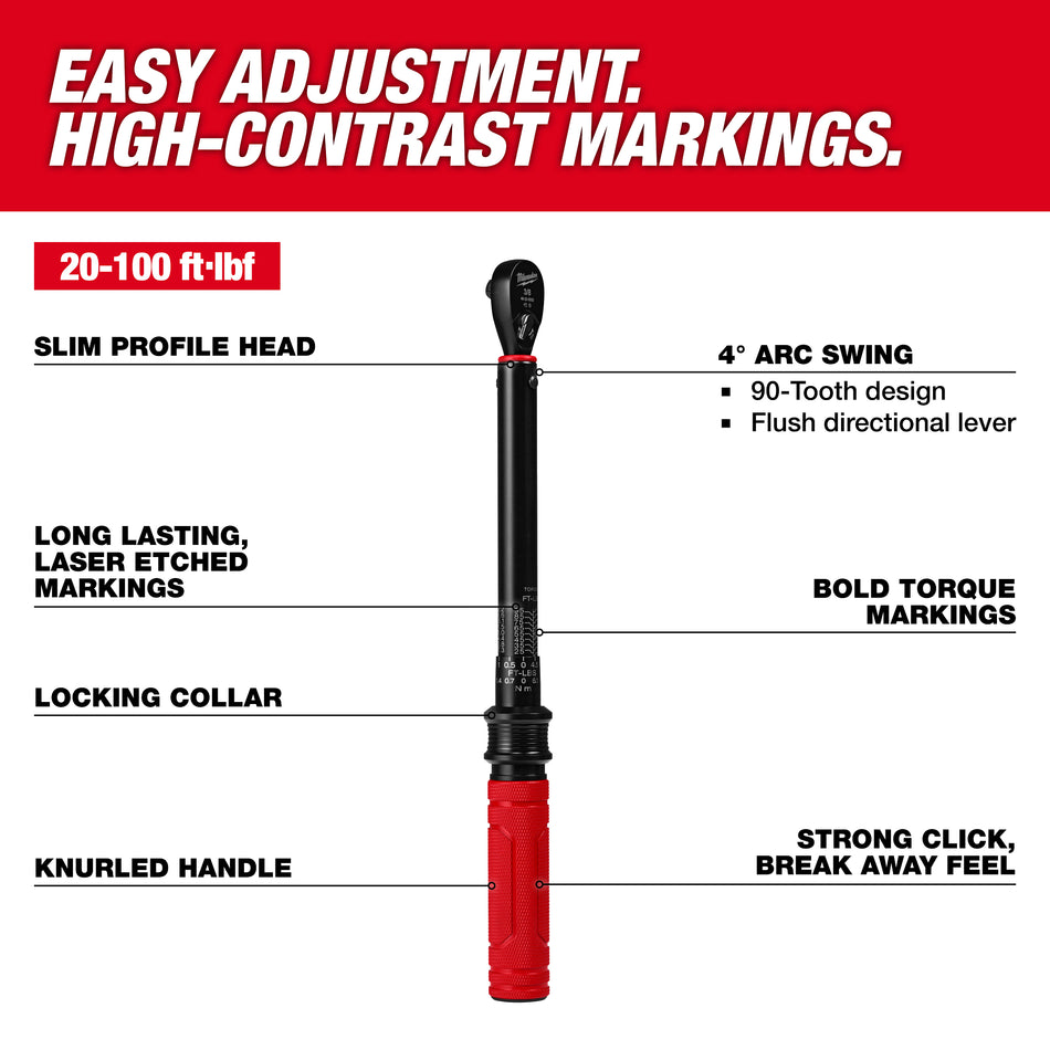 Milwaukee 48-22-9202, 3/8” Drive Click Torque Wrench (20-100 ft·lbf)