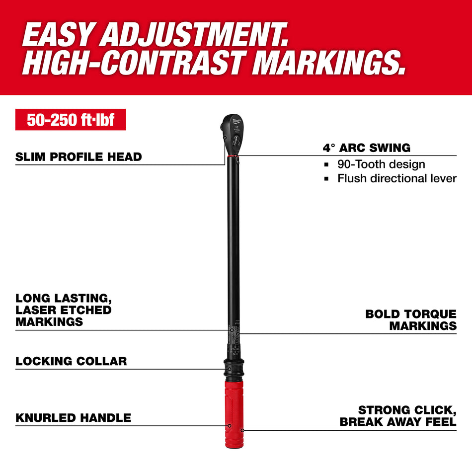 Milwaukee 48-22-9203, 1/2" Drive Click Torque Wrench (50-250 ft·lbf)
