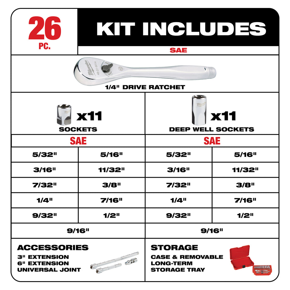 Milwaukee 48-22-9404, 1/4" Drive 26pc Ratchet & Socket Set - SAE