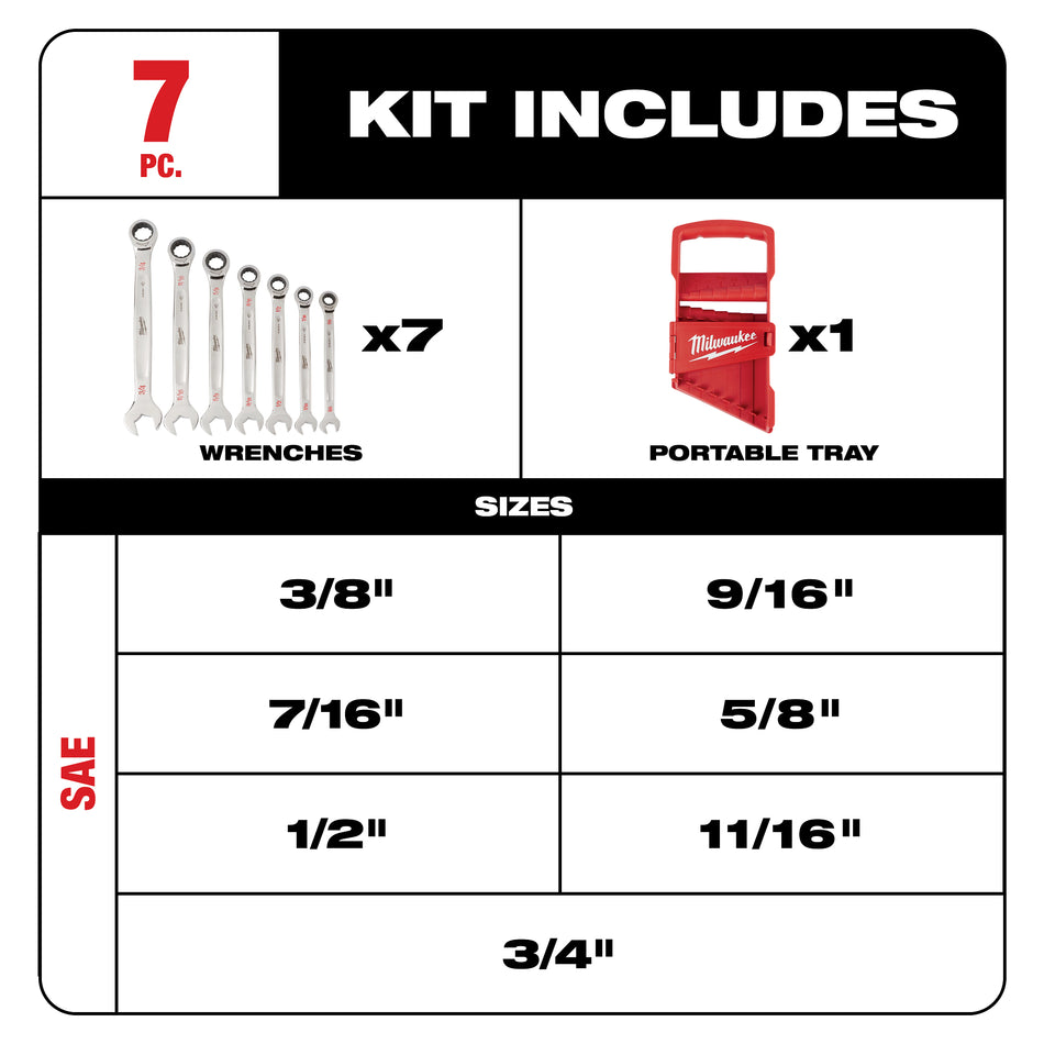 Milwaukee 48-22-9406, 7pc Ratcheting Combination Wrench Set (SAE)