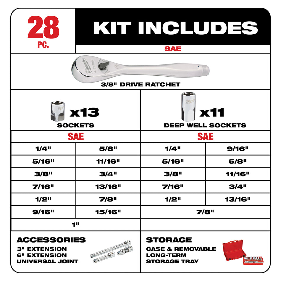 Milwaukee 48-22-9408, 3/8" Drive 28pc Ratchet & Socket Set- SAE