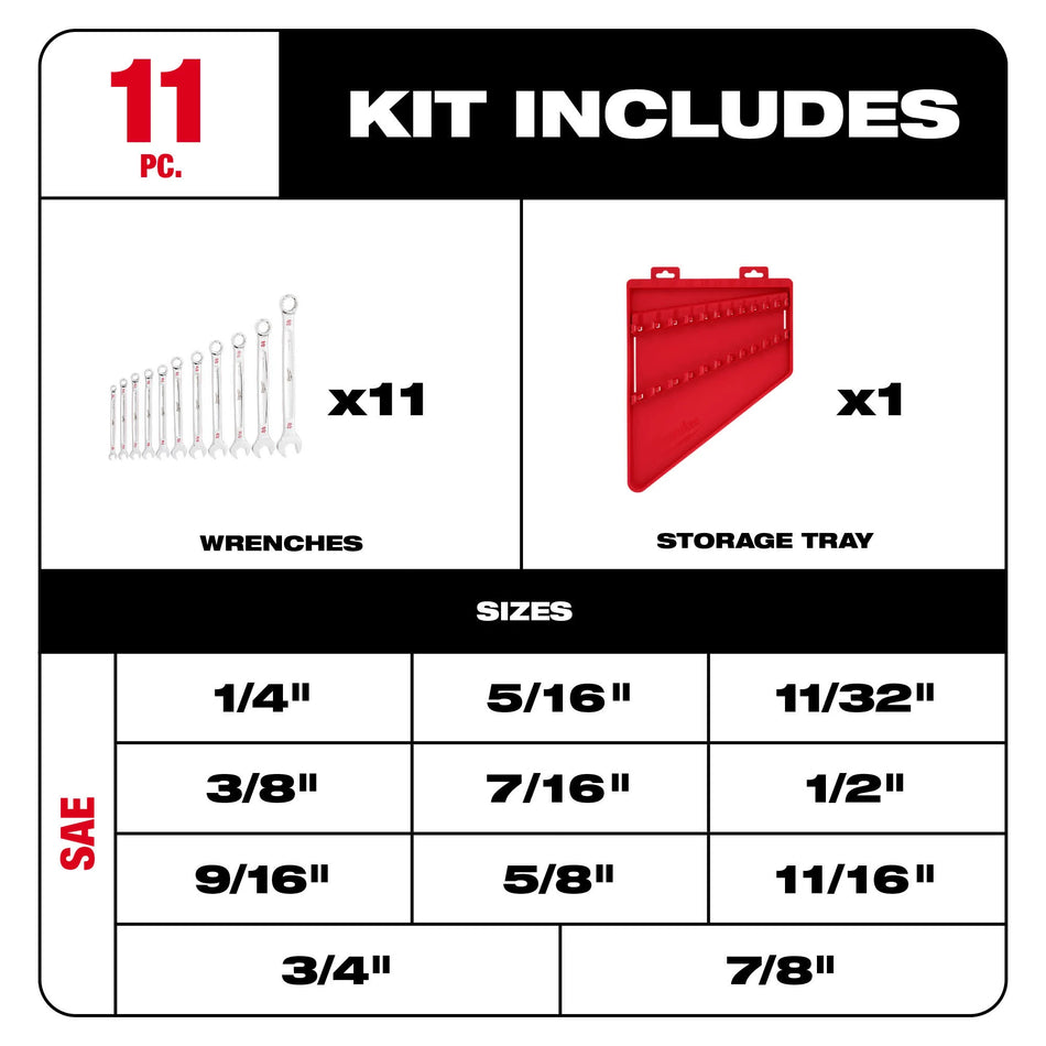 Milwaukee 48-22-9411, 11pc SAE Combination Wrench Set