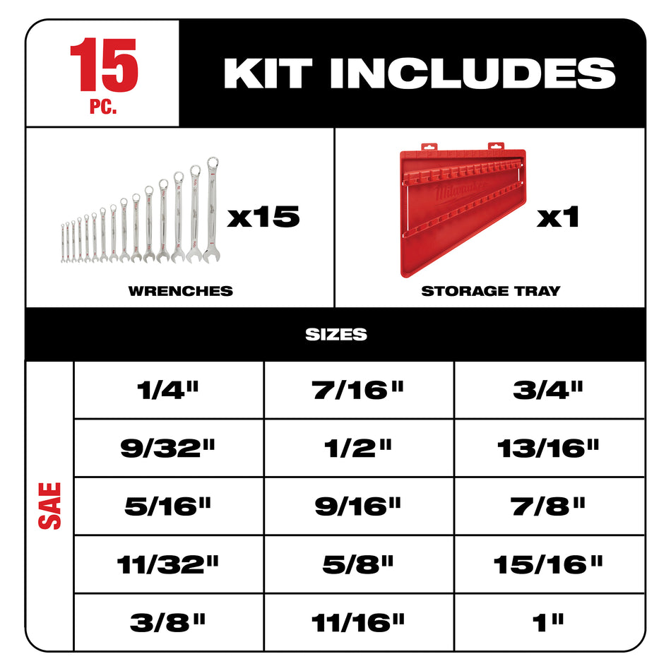 Milwaukee 48-22-9415, SAE Combination Wrench Set 15-Piece