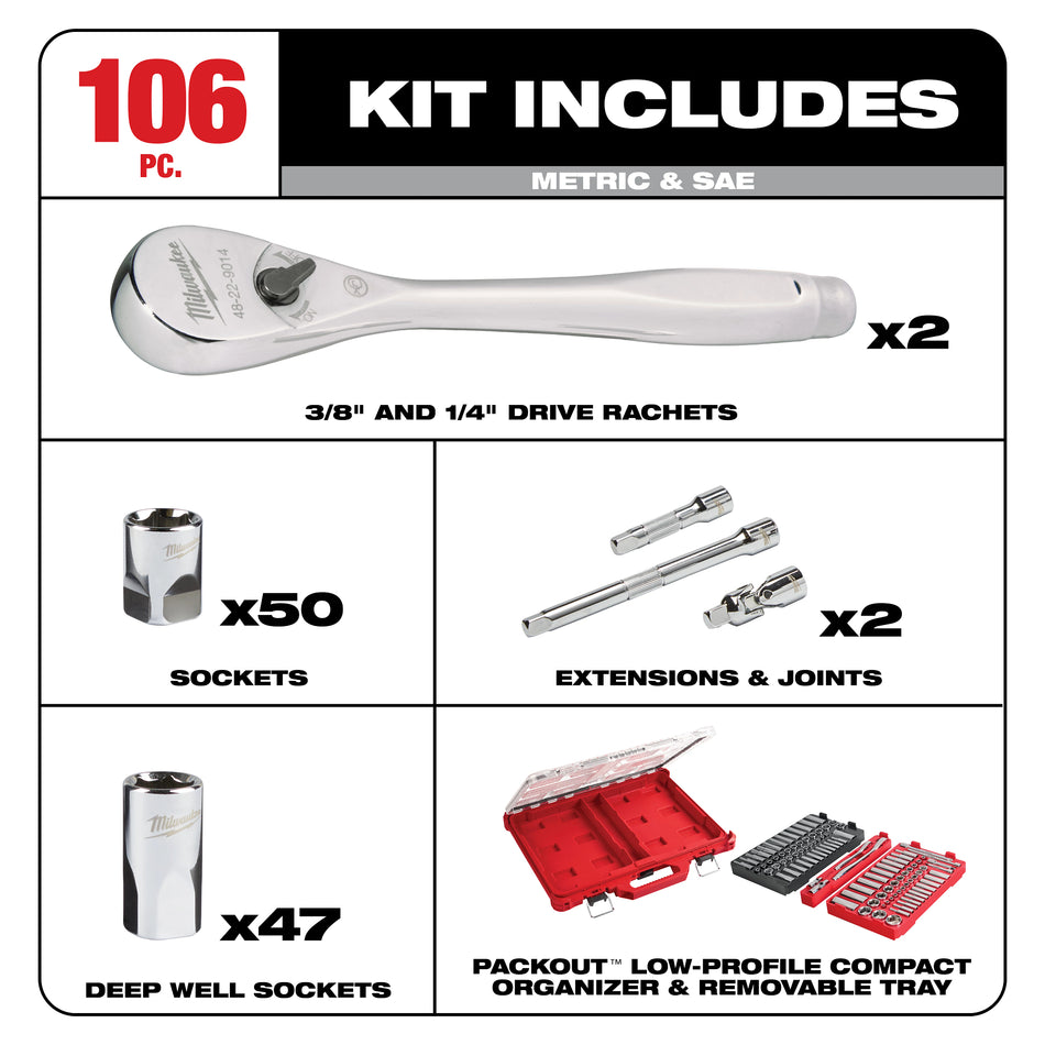Milwaukee 48-22-9486, 1/4" & 3/8"  106 pc Ratchet and Socket Set in PACKOUT (SAE & Metric)