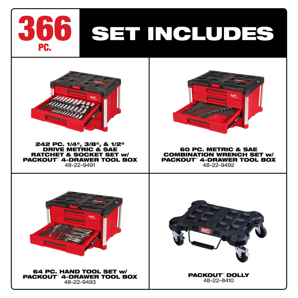 Milwaukee 48-22-9495, 366pc. Master Mechanics Hand Tool Set with PACKOUT™ Drawers and Dolly