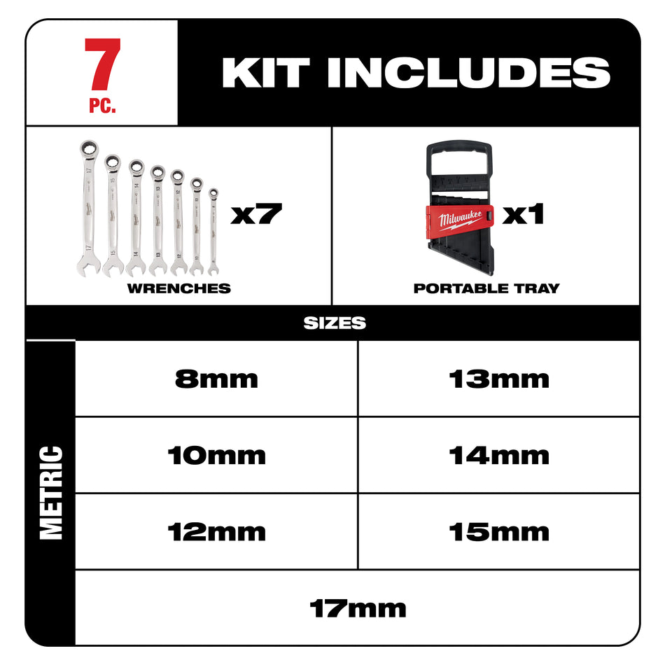 Milwaukee 48-22-9506, 7pc Ratcheting Combination Wrench Set - Metric