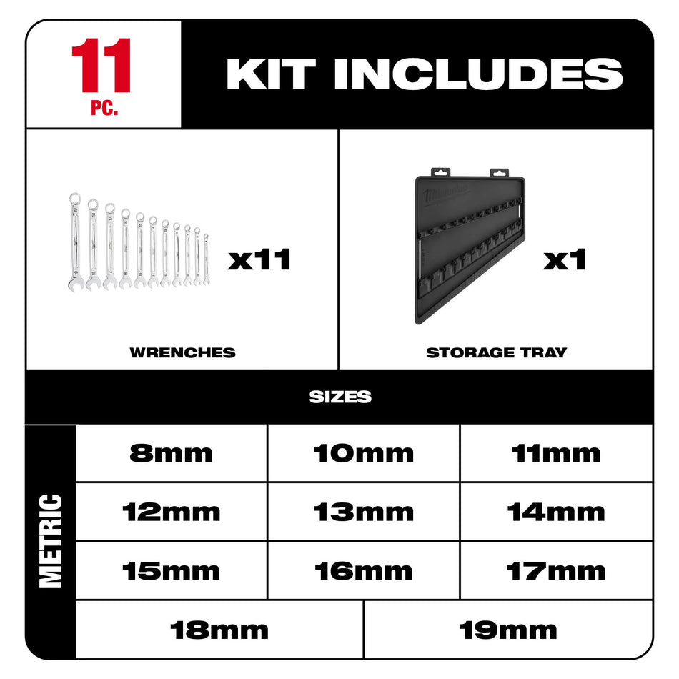 Milwaukee 48-22-9511, 11pc Metric Combination Wrench Set