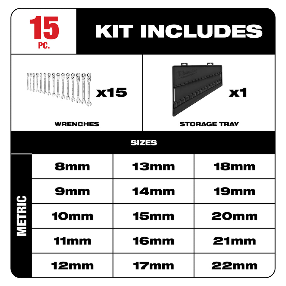 Milwaukee 48-22-9513, Flex Head Ratcheting Combination Metric Wrench Set 15-Piece