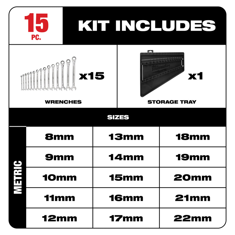 Milwaukee 48-22-9516, 15pc Ratcheting Combination Wrench Set - Metric