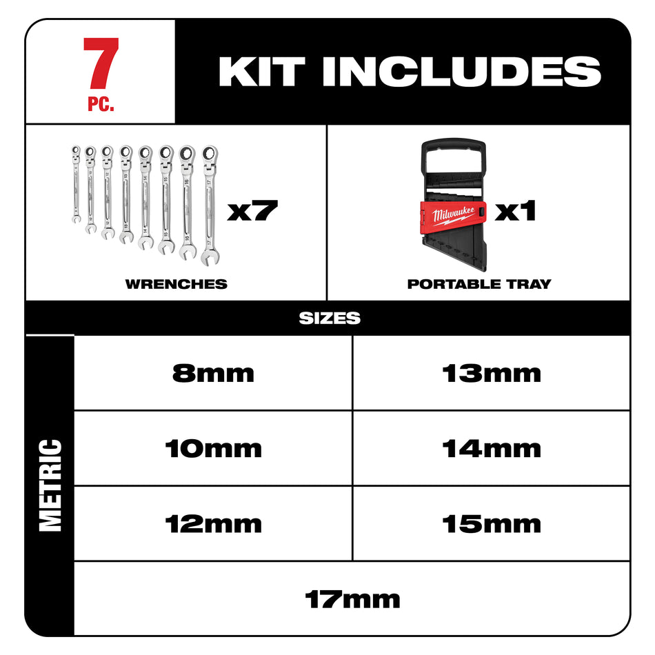 Milwaukee 48-22-9529, Flex Head Ratcheting Wrench Set - Metric - 7 Piece