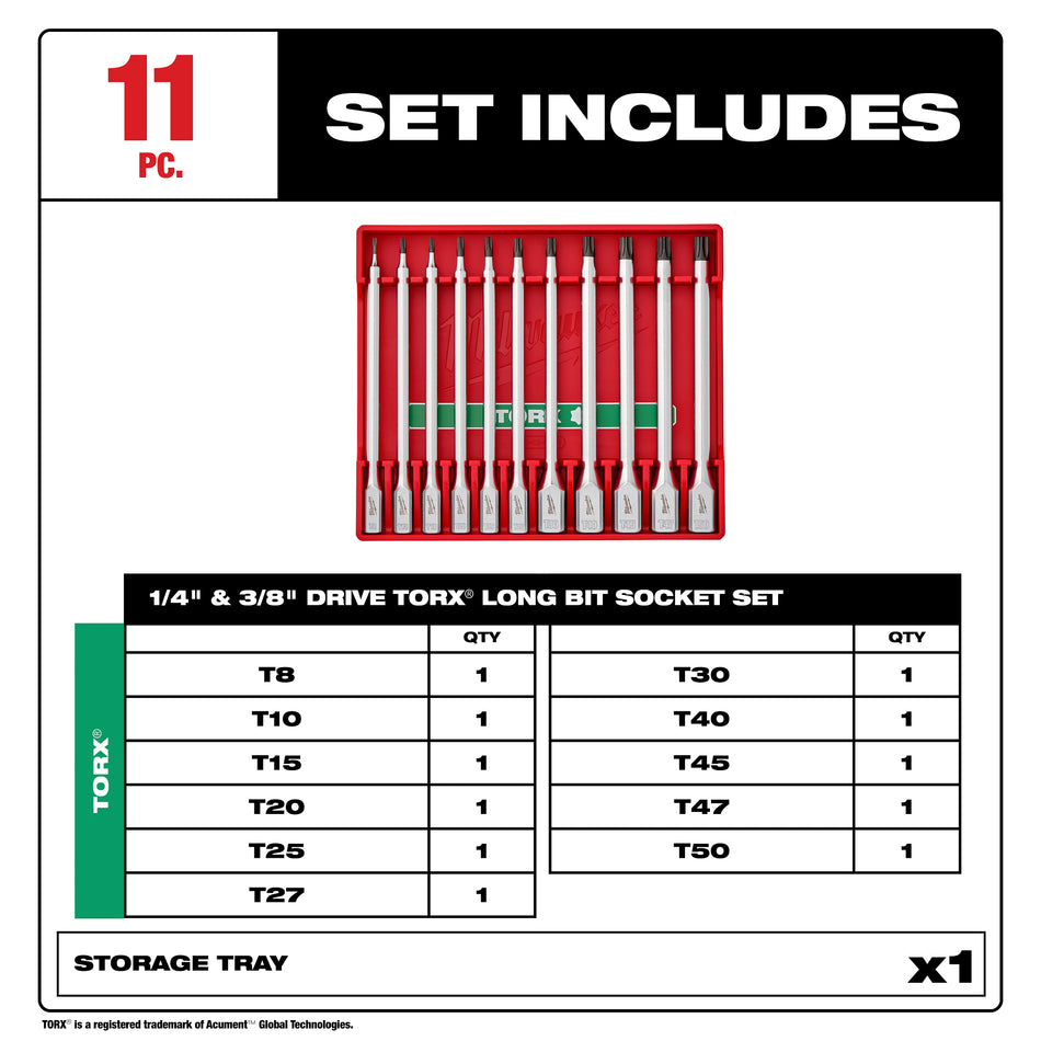 Milwaukee 48-22-9534, 11pc 1/4” and 3/8” Drive Long TORX® Bit Socket Set