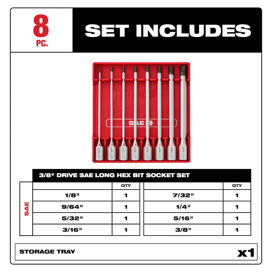 Milwaukee 48-22-9546, 8pc 3/8” Drive Long Hex Bit Socket Set - SAE