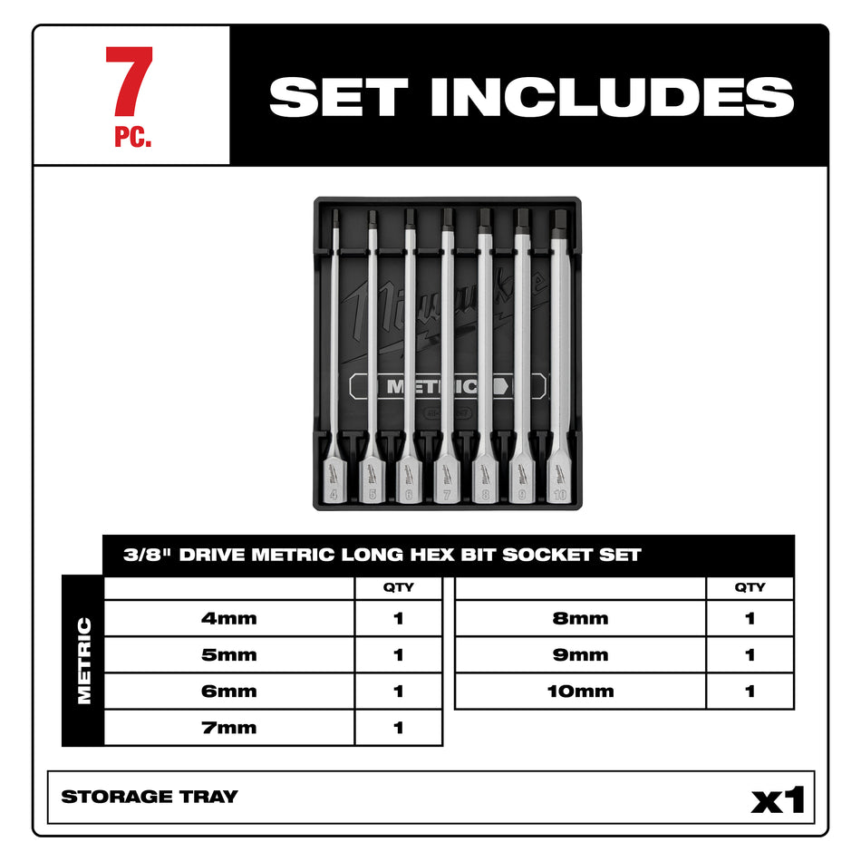 Milwaukee 48-22-9547, 7pc 3/8” Drive Long Hex Bit Socket Set - Metric