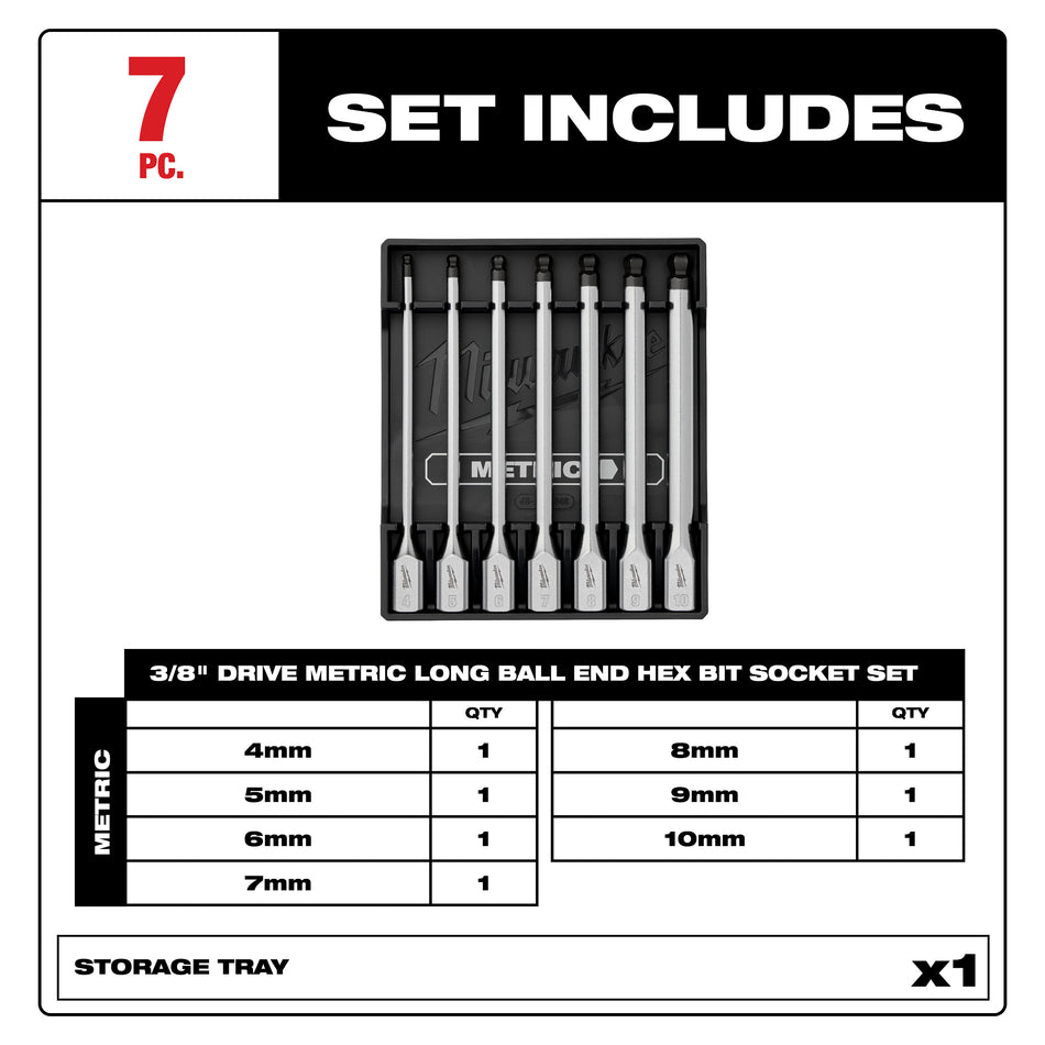 Milwaukee 48-22-9548, 7pc 3/8” Drive Long Ball End Hex Bit Socket Set - Metric