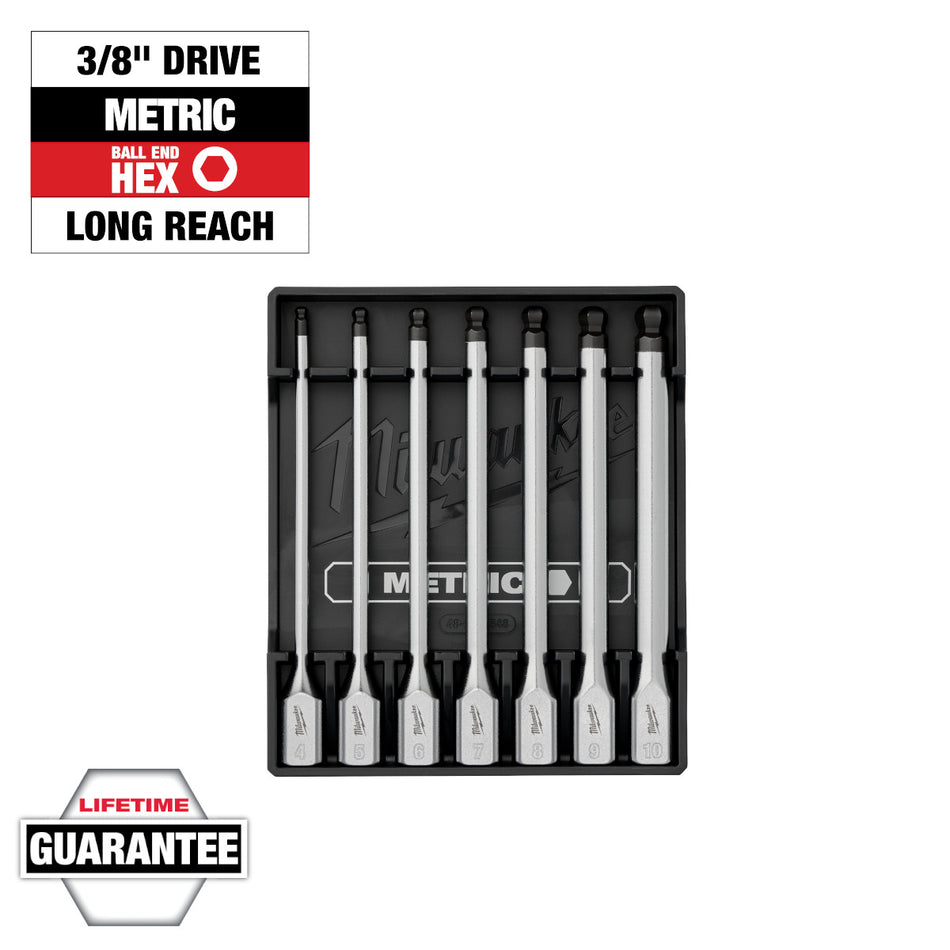 Milwaukee 48-22-9548, 7pc 3/8” Drive Long Ball End Hex Bit Socket Set - Metric