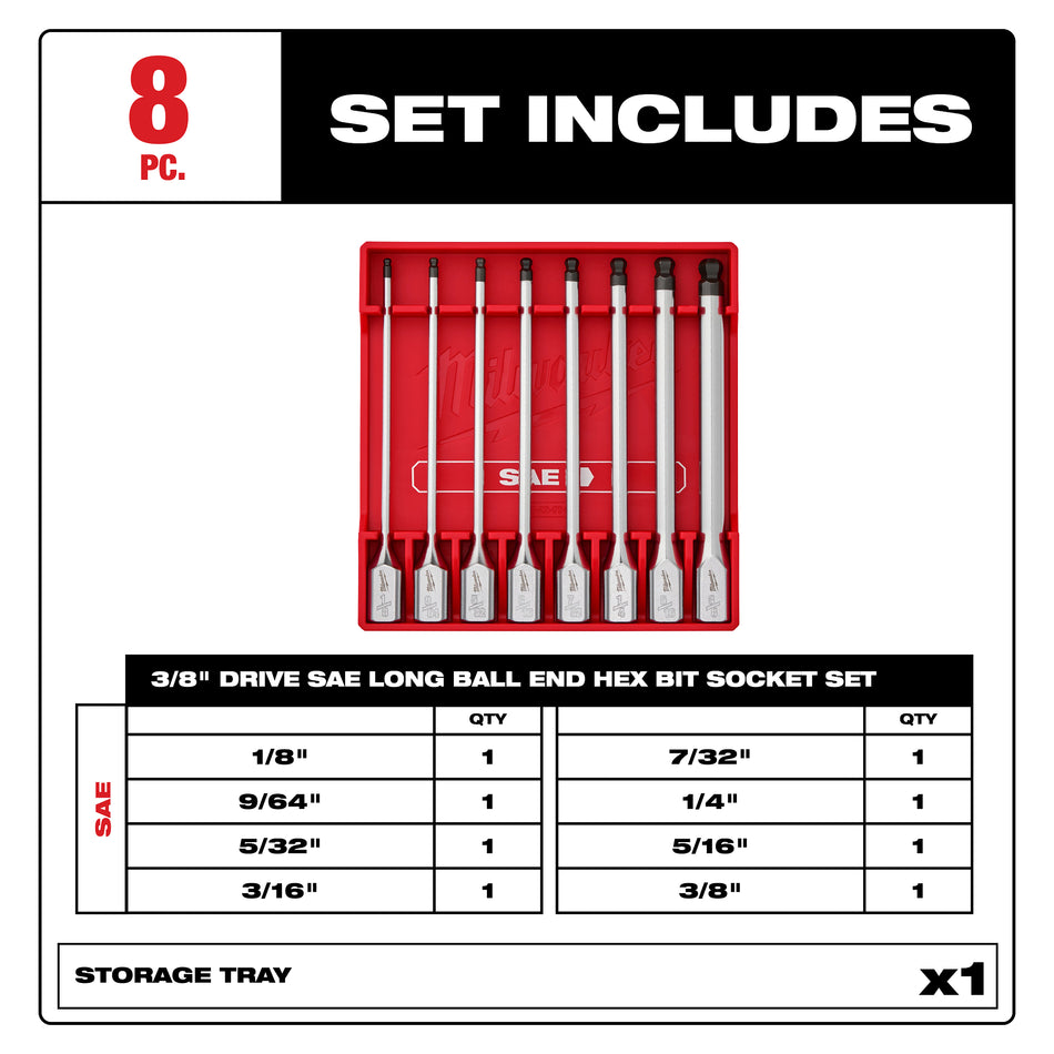 Milwaukee 48-22-9549, 8pc 3/8” Drive Long Ball End Hex Bit Socket Set - SAE