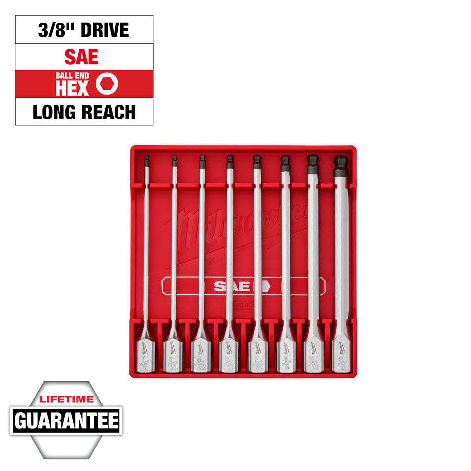 Milwaukee 48-22-9549, 8pc 3/8” Drive Long Ball End Hex Bit Socket Set - SAE
