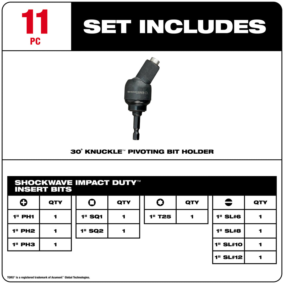 Milwaukee 48-32-2301, SHOCKWAVE™ 30° KNUCKLE™ Pivoting Bit Holder -11PC