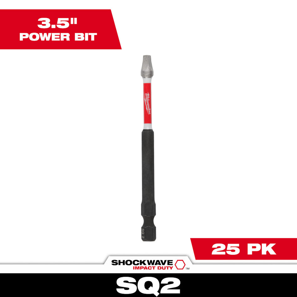 Milwaukee 48-32-4195, SHOCKWAVE 3-1/2" Impact Square Recess #2 Power Bits (25 PK)