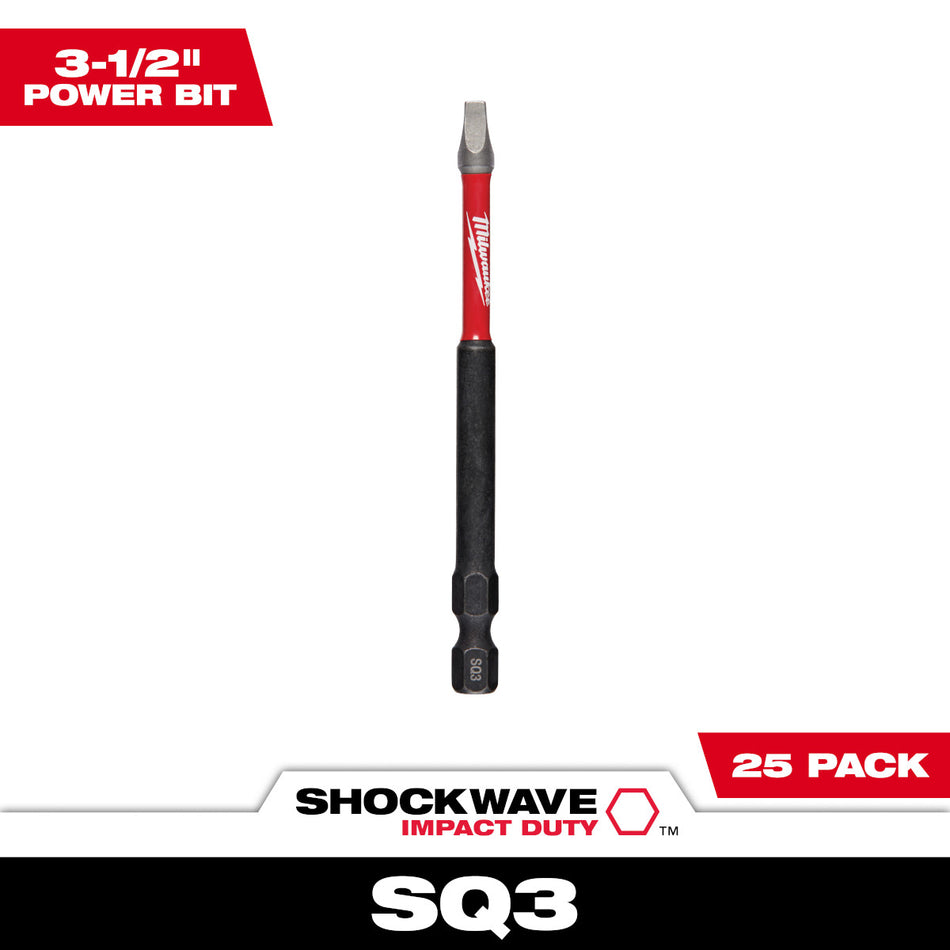 Milwaukee 48-32-4196, SHOCKWAVE™ Impact Duty 3-1/2" Square Recess #3 Power Bits (25 PK)