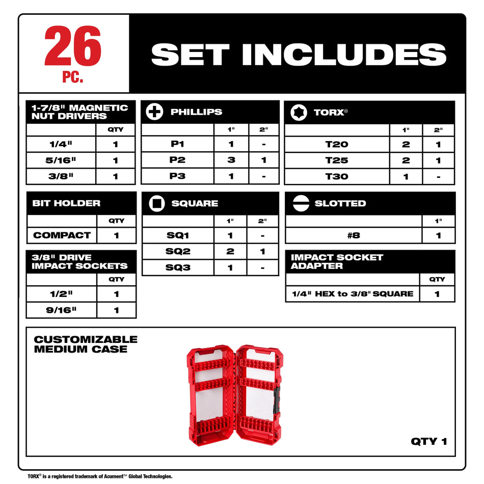 Milwaukee 48-32-4408, SHOCKWAVE 26PC IMPACT DRIVE & FASTEN SET