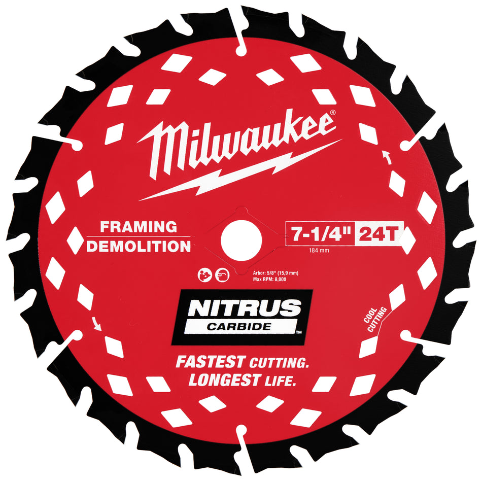 Milwaukee 48-41-0750, 7-1/4” 24T NITRUS™ Carbide Framing & Demolition Circular Saw Blade