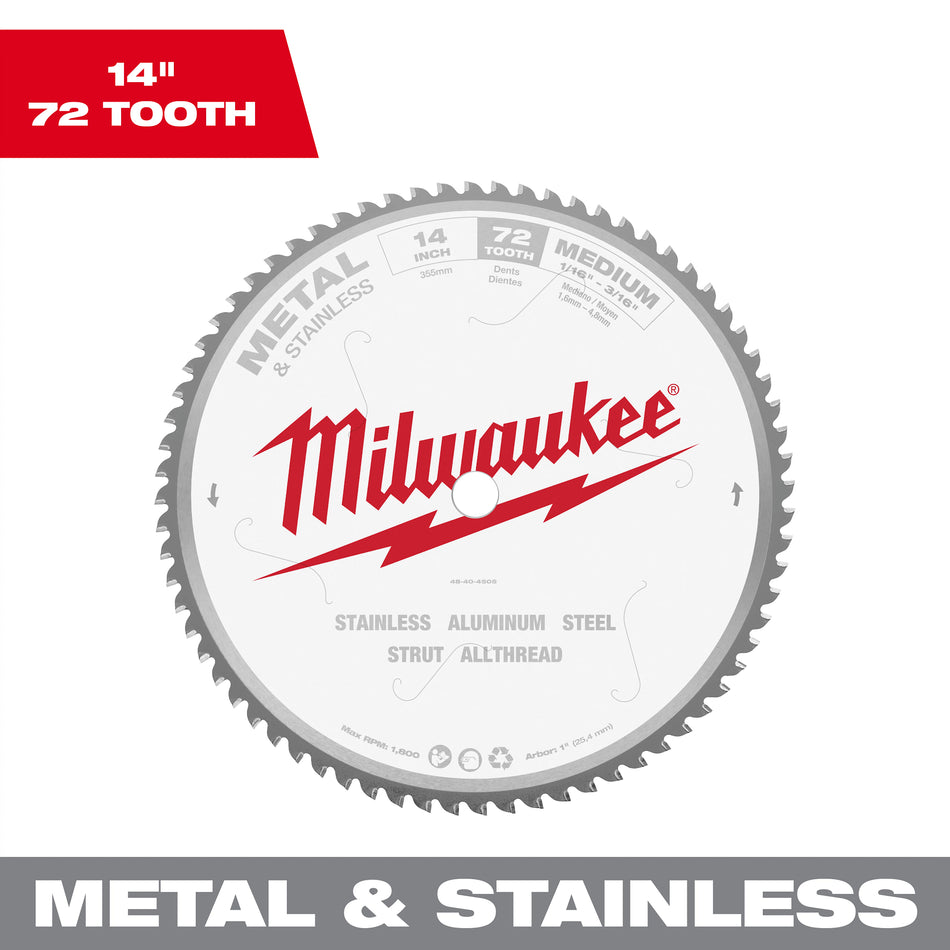 Milwaukee 48-40-4505, 14" 72T METAL & STAINLESS Circular Saw Blade, 1"