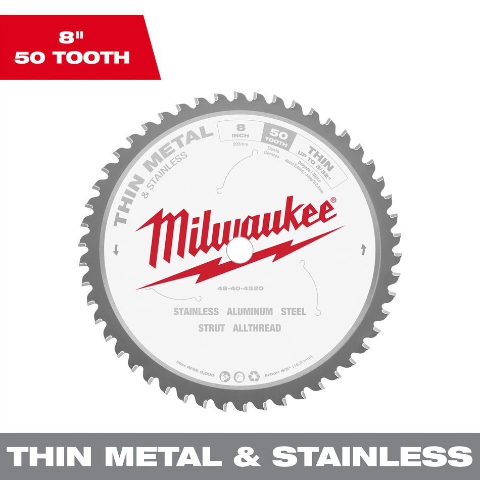 Milwaukee 48-40-4520, 8" 50T METAL & STAINLESS Circular Saw Blade, 5/8"