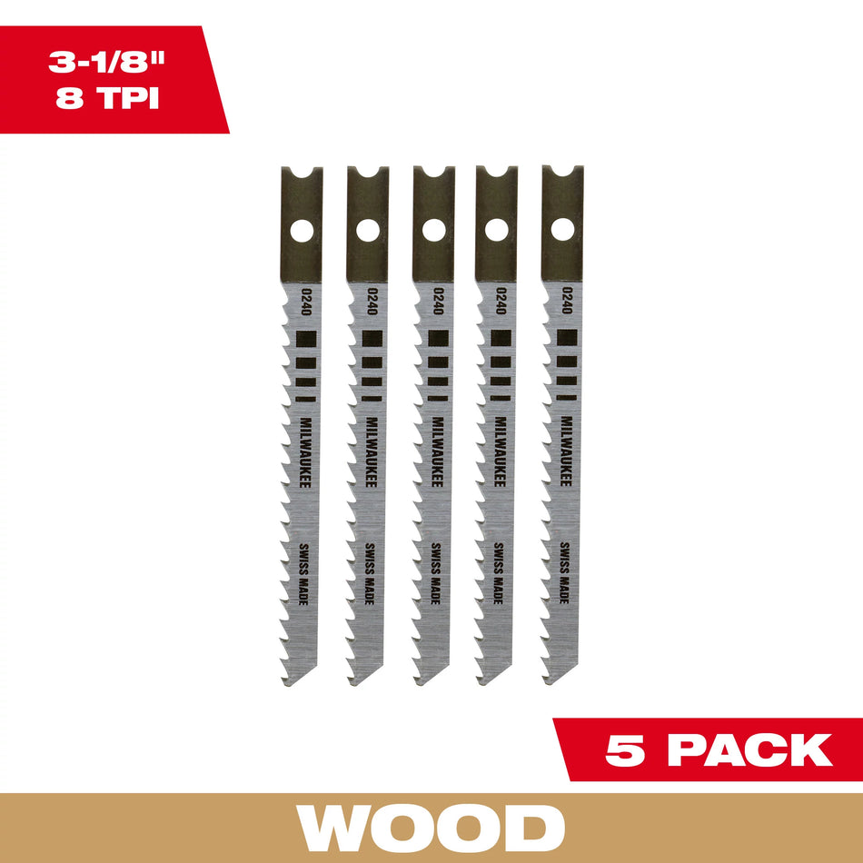 Milwaukee 48-42-0240, 3-1/8" 8 TPI High Carbon Steel Jig Saw Blade (5/pkg)