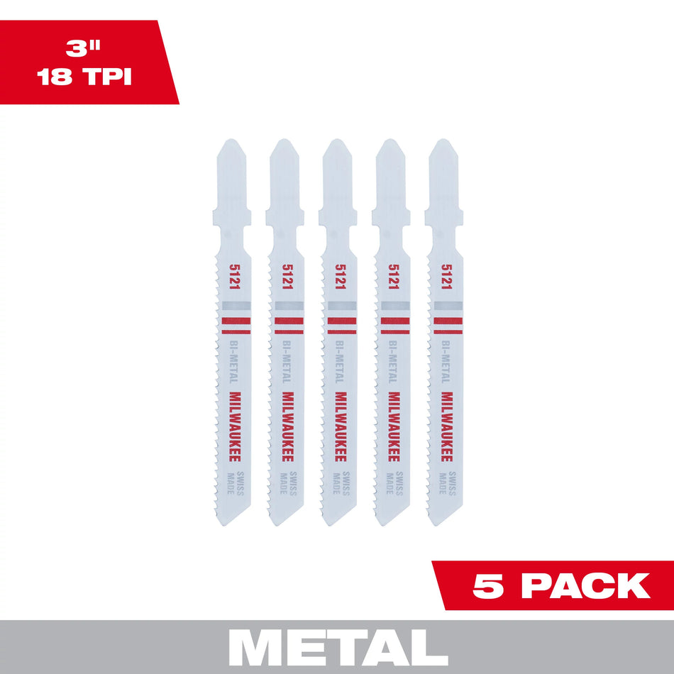 Milwaukee 48-42-5121, 3" 18 TPI Bi-Metal Jig Saw Blade (5/pkg)